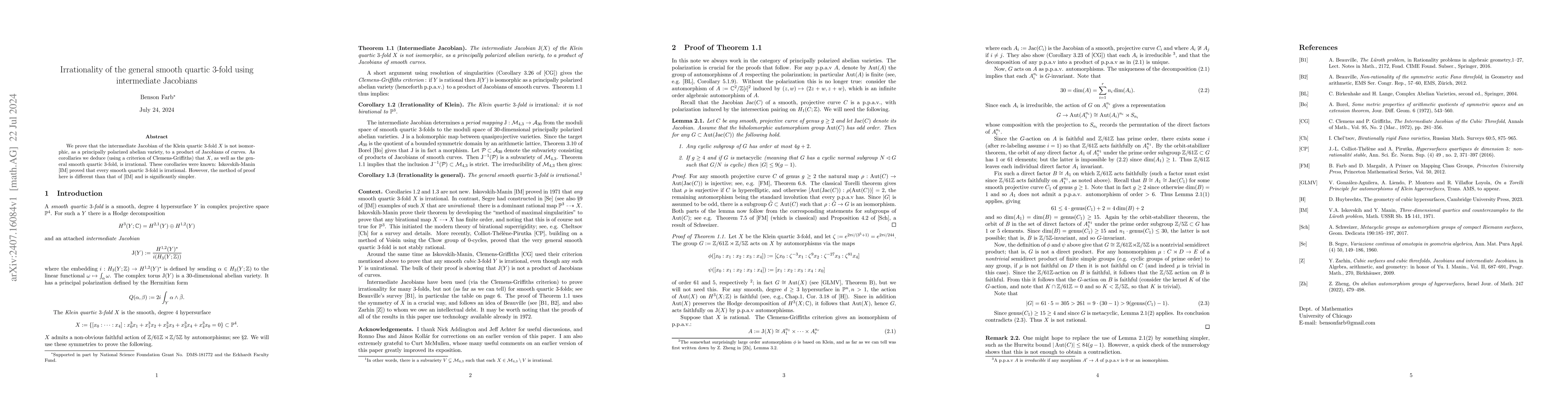 Thumbnail for Irrationality of the general smooth quartic $3$-fold using intermediate
  Jacobians