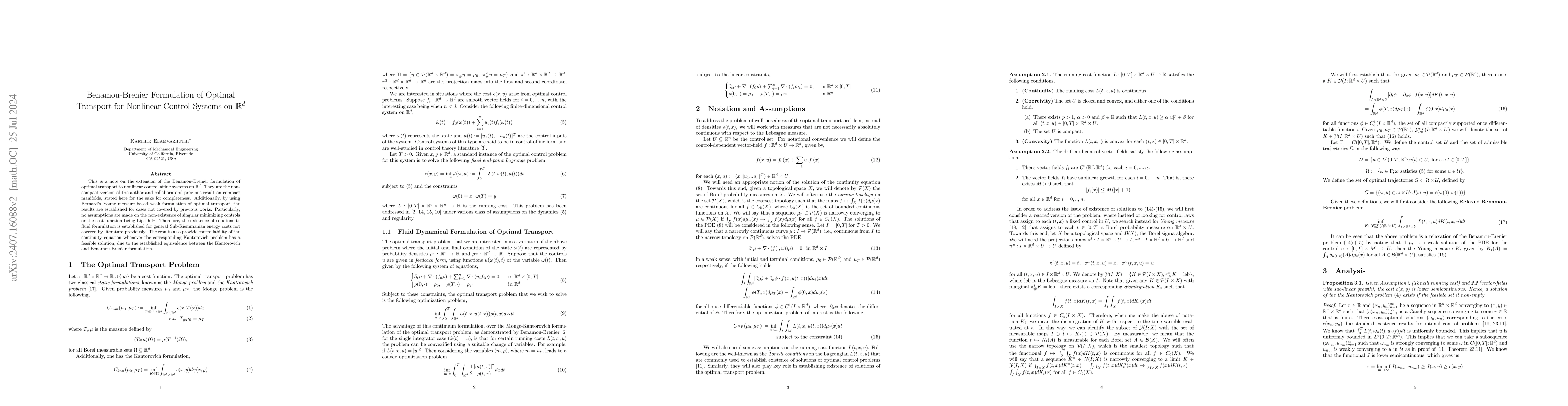Thumbnail for Benamou-Brenier Formulation of Optimal Transport for Nonlinear Control
  Systems on Rd