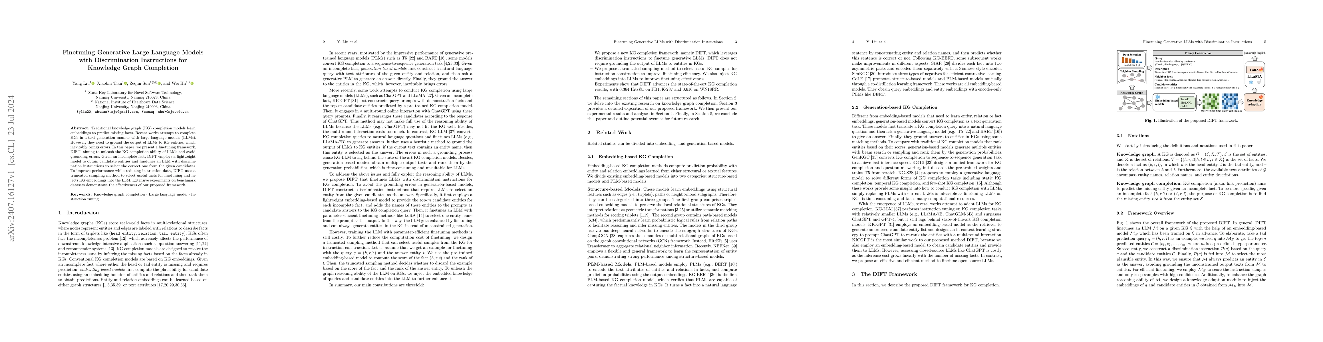 Thumbnail for Finetuning Generative Large Language Models with Discrimination
  Instructions for Knowledge Graph Completion