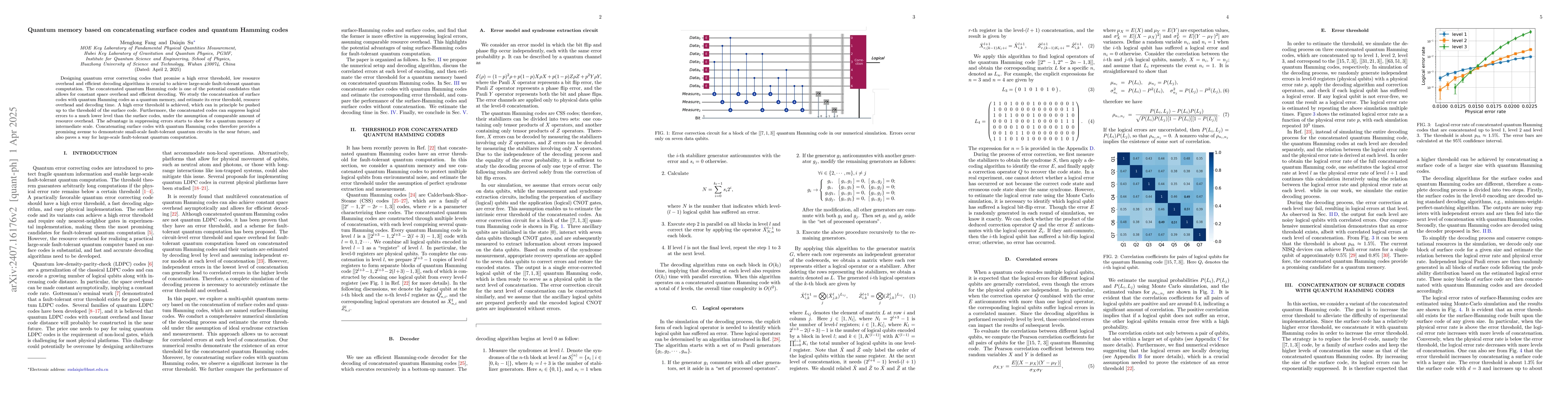 Thumbnail for Quantum memory based on concatenating surface codes and quantum Hamming
  codes
