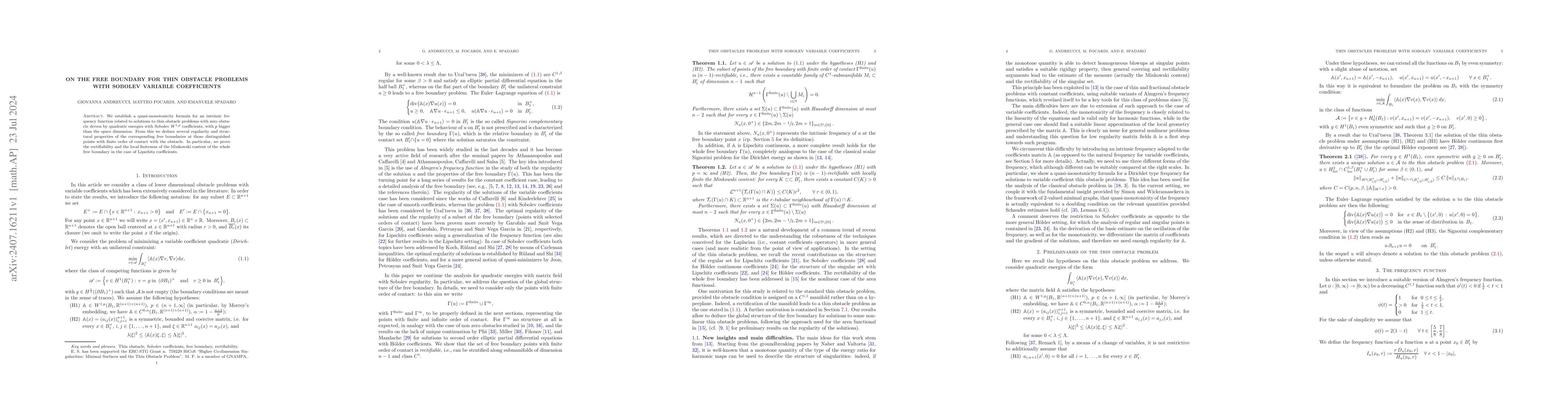 Thumbnail for On the free boundary for thin obstacle problems with Sobolev variable
  coefficients