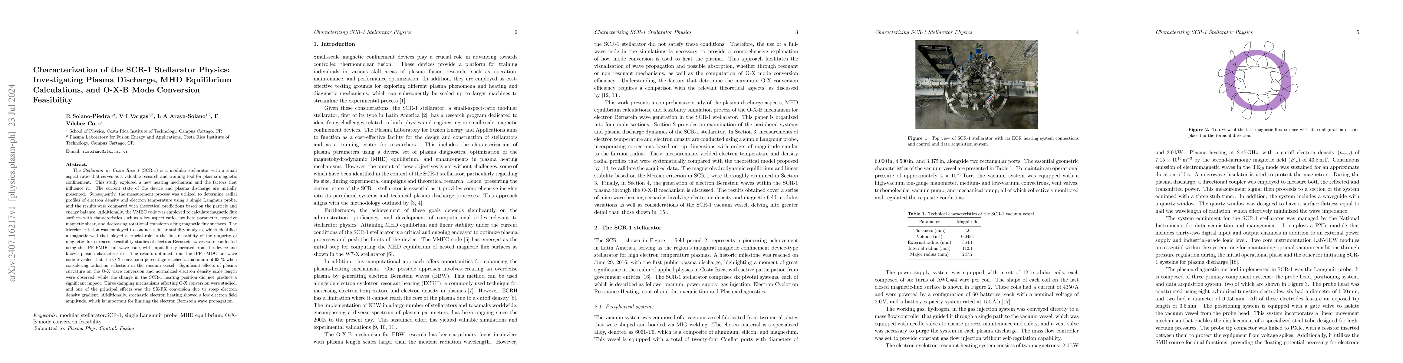 Thumbnail for Characterization of the SCR-1 Stellarator Physics: Investigating Plasma
  Discharge, MHD Equilibrium Calculations, and O-X-B Mode Conversion
  Feasibility