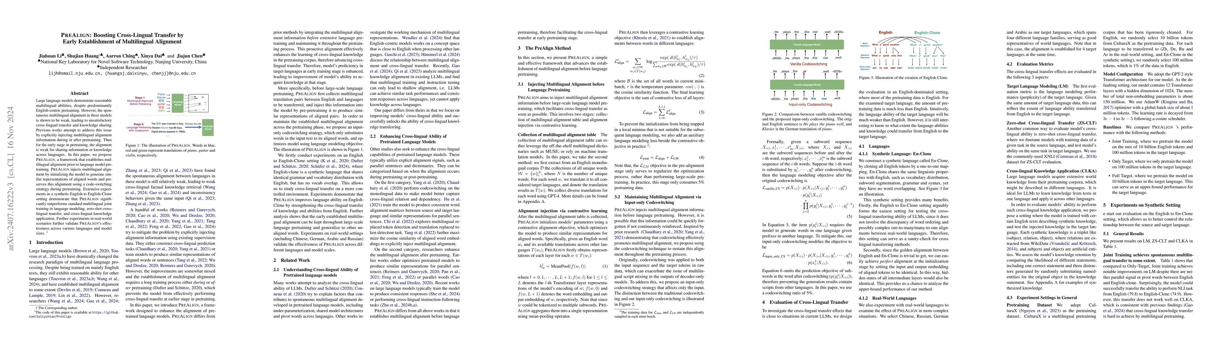 Thumbnail for PreAlign: Boosting Cross-Lingual Transfer by Early Establishment of
  Multilingual Alignment