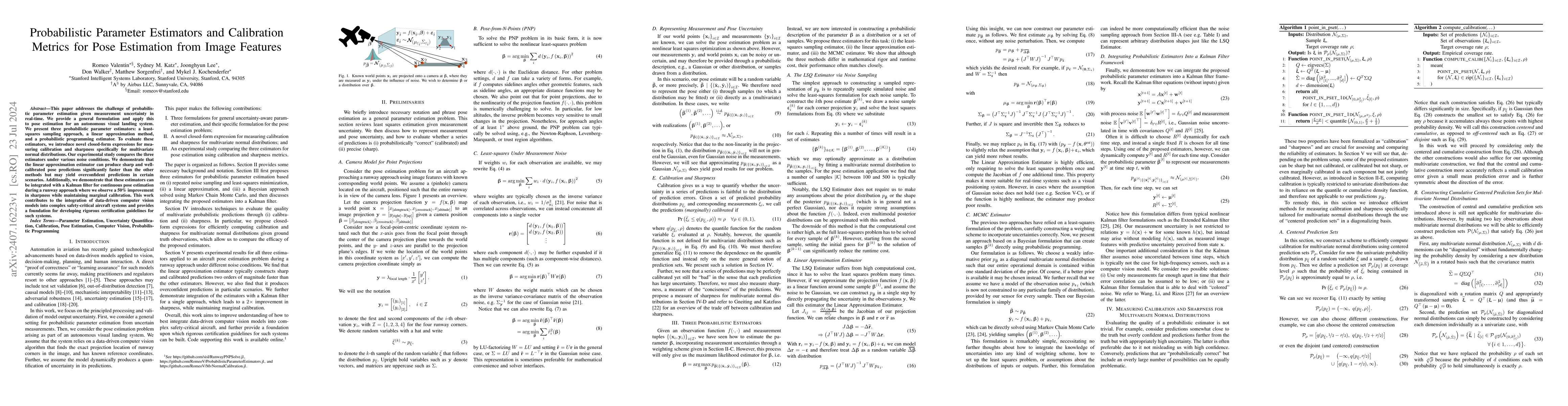 Thumbnail for Probabilistic Parameter Estimators and Calibration Metrics for Pose
  Estimation from Image Features