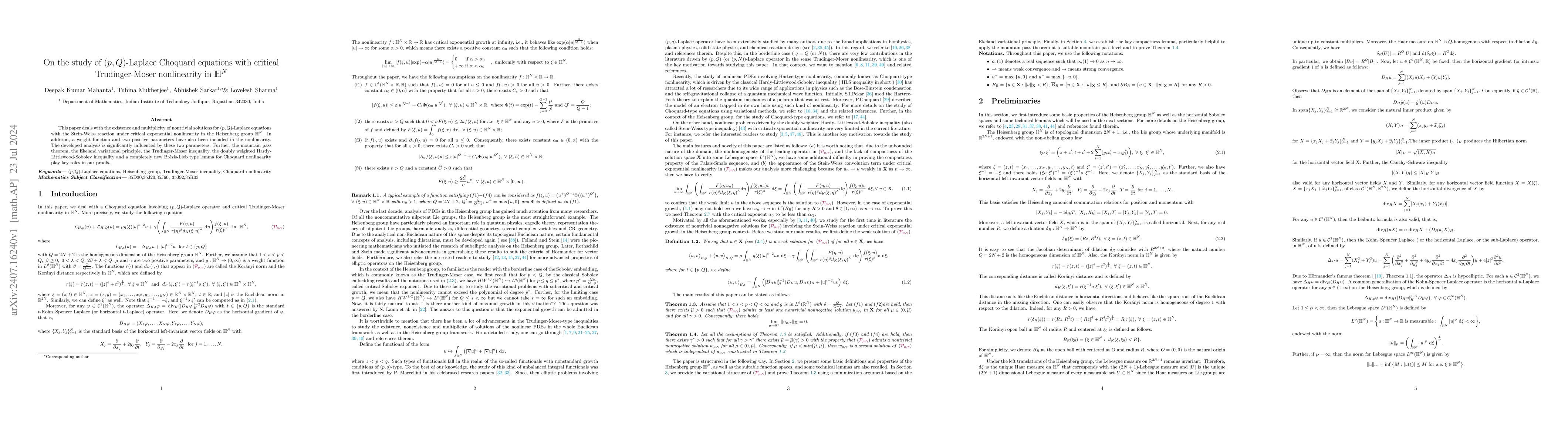 Thumbnail for On the study of $(p, Q)$-Laplace Choquard equations with critical
  Trudinger-Moser nonlinearity in $\mathbb{H}^N$