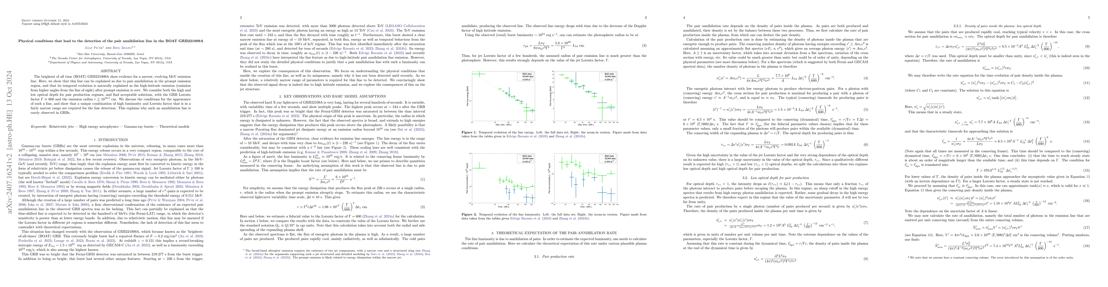 Thumbnail for Physical conditions that lead to the detection of the pair annihilation
  line in the BOAT GRB221009A
