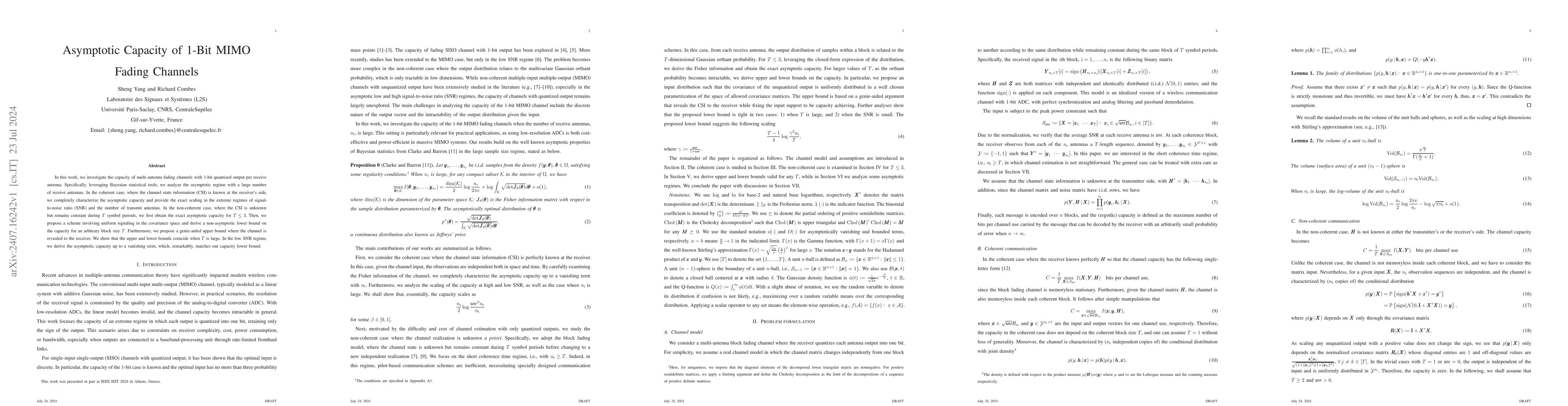 Thumbnail for Asymptotic Capacity of 1-Bit MIMO Fading Channels