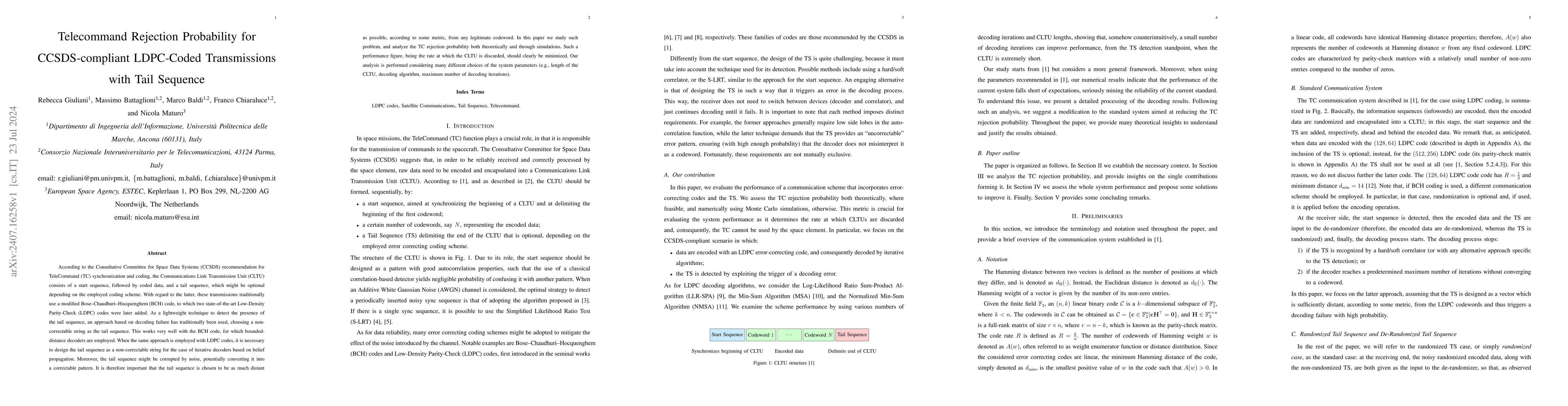 Thumbnail for Telecommand Rejection Probability for CCSDS-compliant LDPC-Coded
  Transmissions with Tail Sequence
