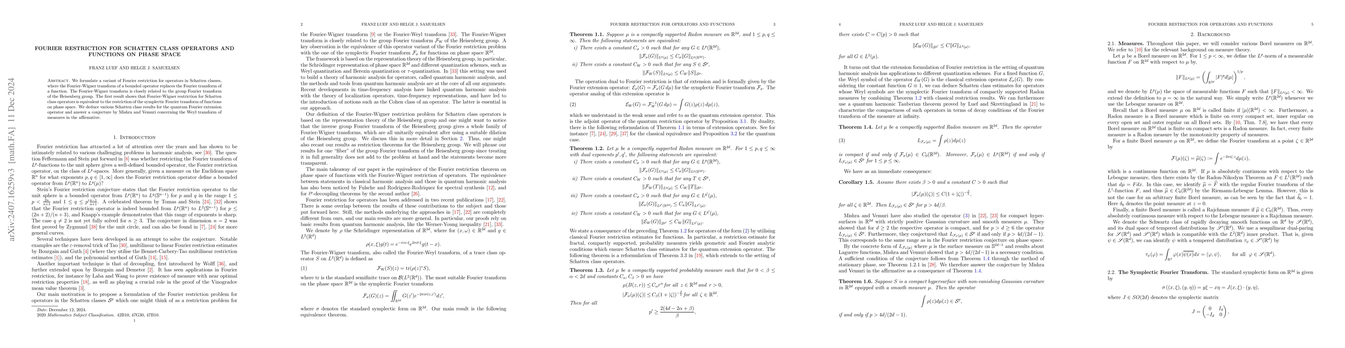 Thumbnail for Fourier restriction for Schatten class operators and functions on phase
  space