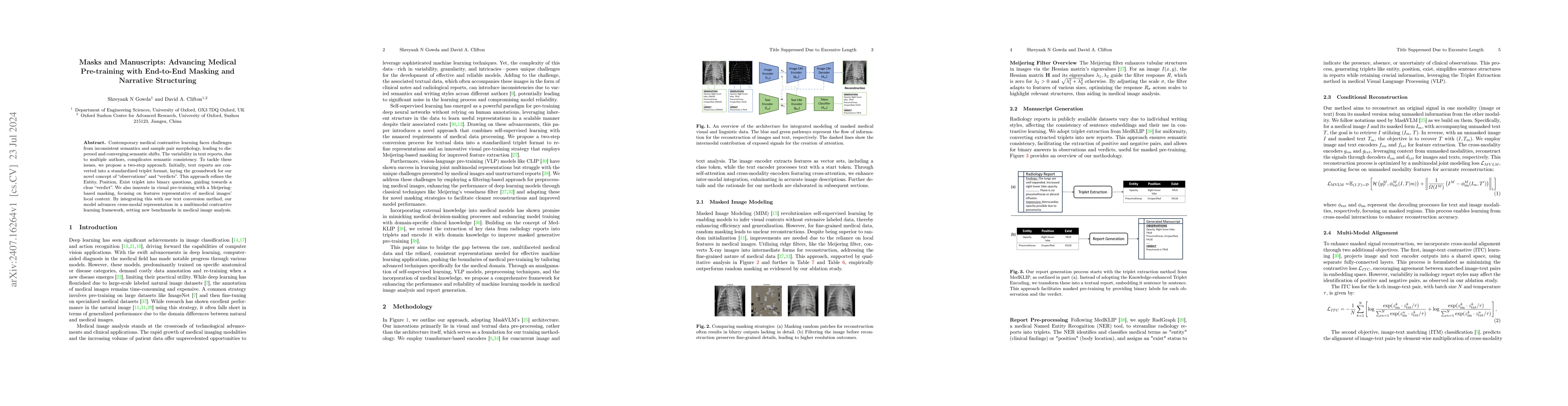 Thumbnail for Masks and Manuscripts: Advancing Medical Pre-training with End-to-End
  Masking and Narrative Structuring
