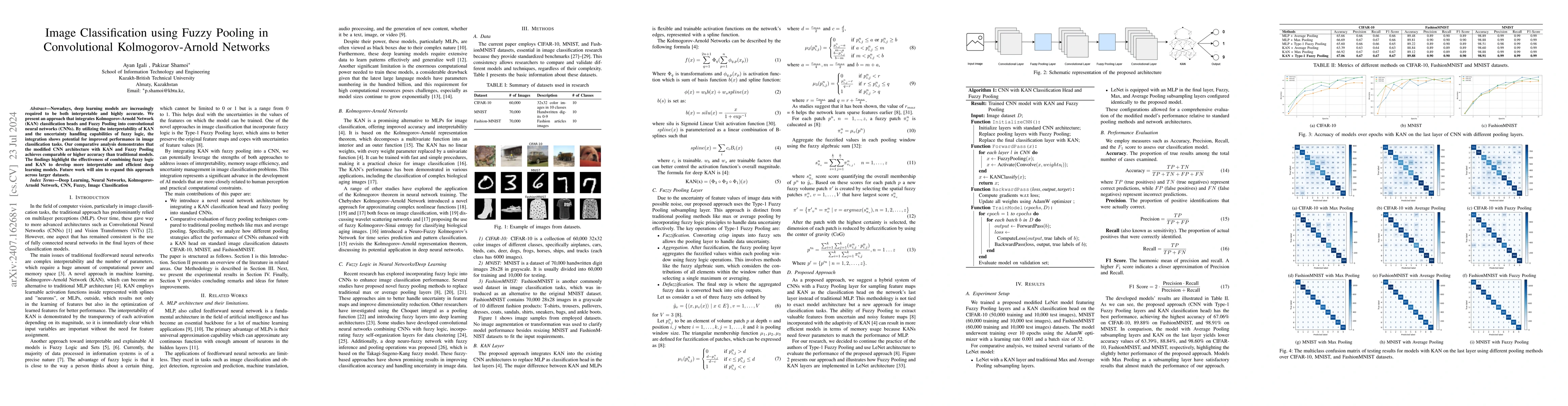 Thumbnail for Image Classification using Fuzzy Pooling in Convolutional
  Kolmogorov-Arnold Networks