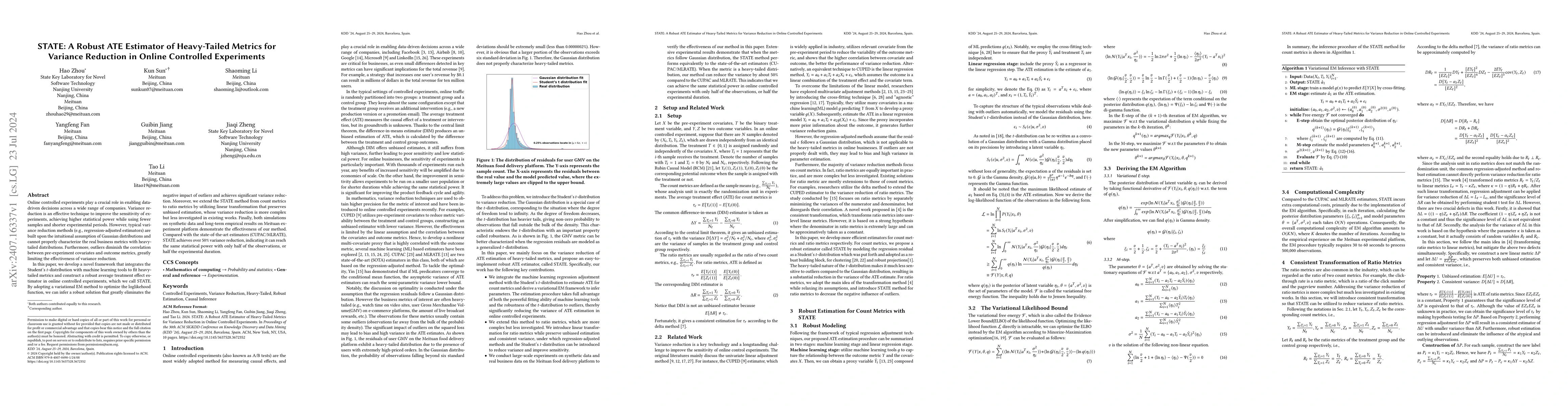 Thumbnail for STATE: A Robust ATE Estimator of Heavy-Tailed Metrics for Variance
  Reduction in Online Controlled Experiments