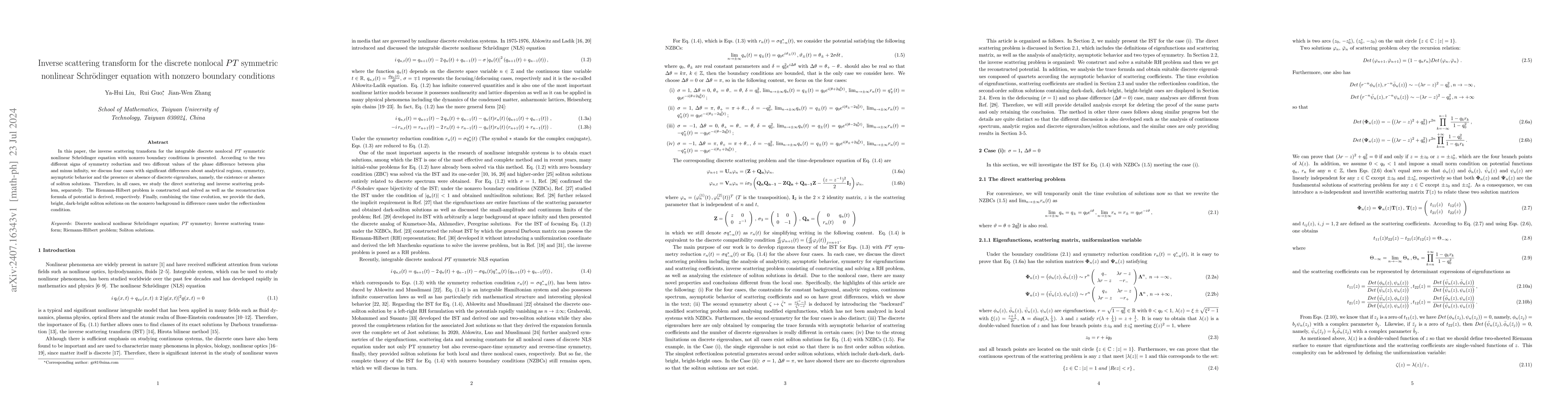 Thumbnail for Inverse scattering transform for the discrete nonlocal PT symmetric
  nonlinear Schrödinger equation with nonzero boundary conditions
