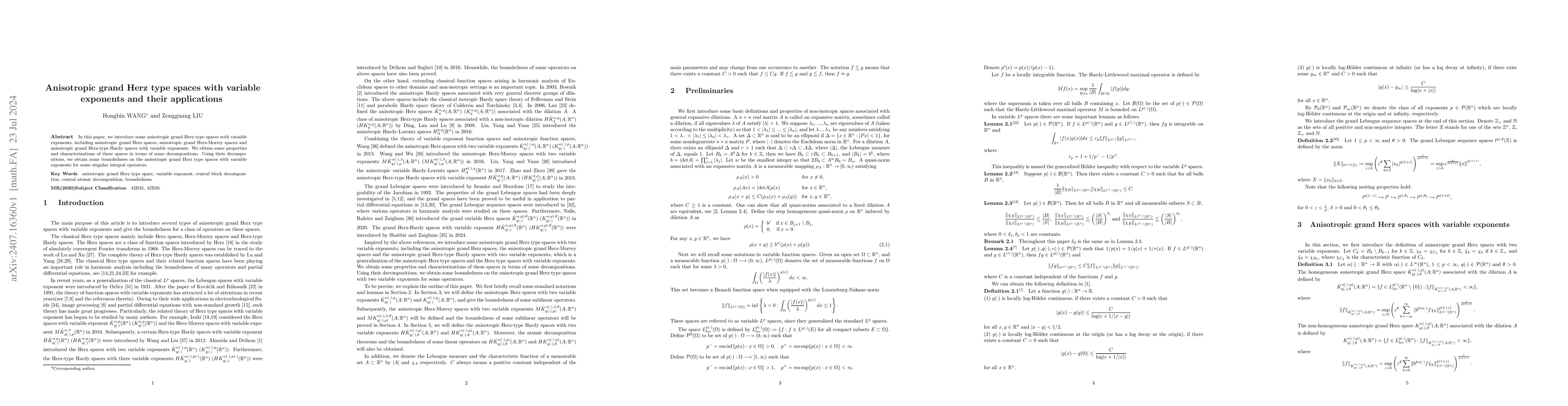 Thumbnail for Anisotropic grand Herz type spaces with variable exponents and their
  applications