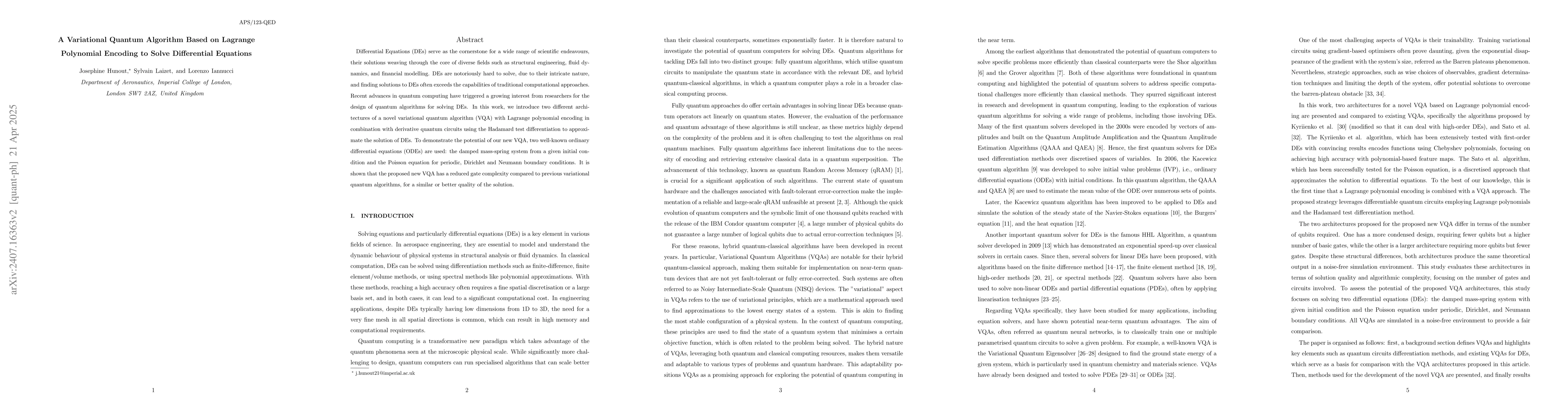Thumbnail for A Variational Quantum Algorithm Based on Lagrange Polynomial Encoding to
  Solve Differential Equations
