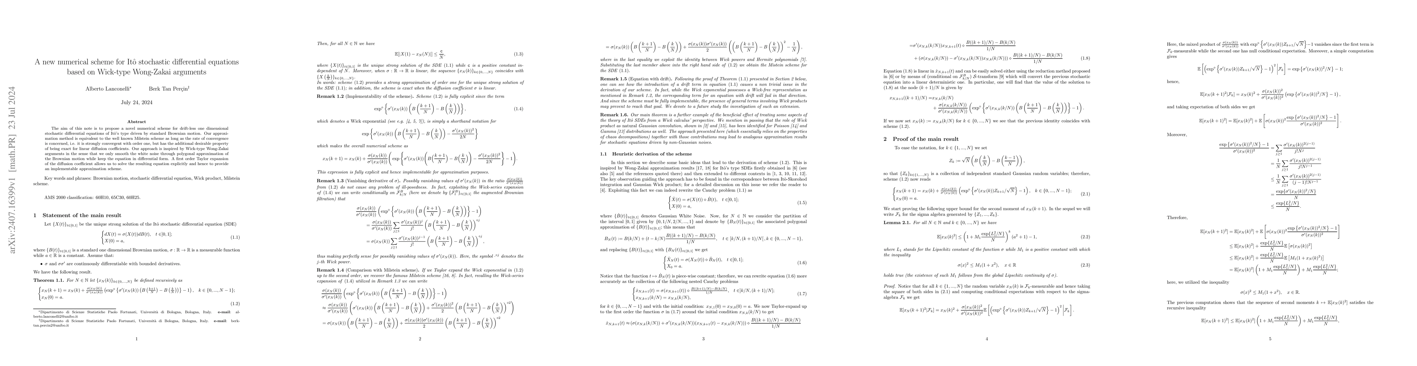 Thumbnail for A new numerical scheme for Itô stochastic differential equations based
  on Wick-type Wong-Zakai arguments