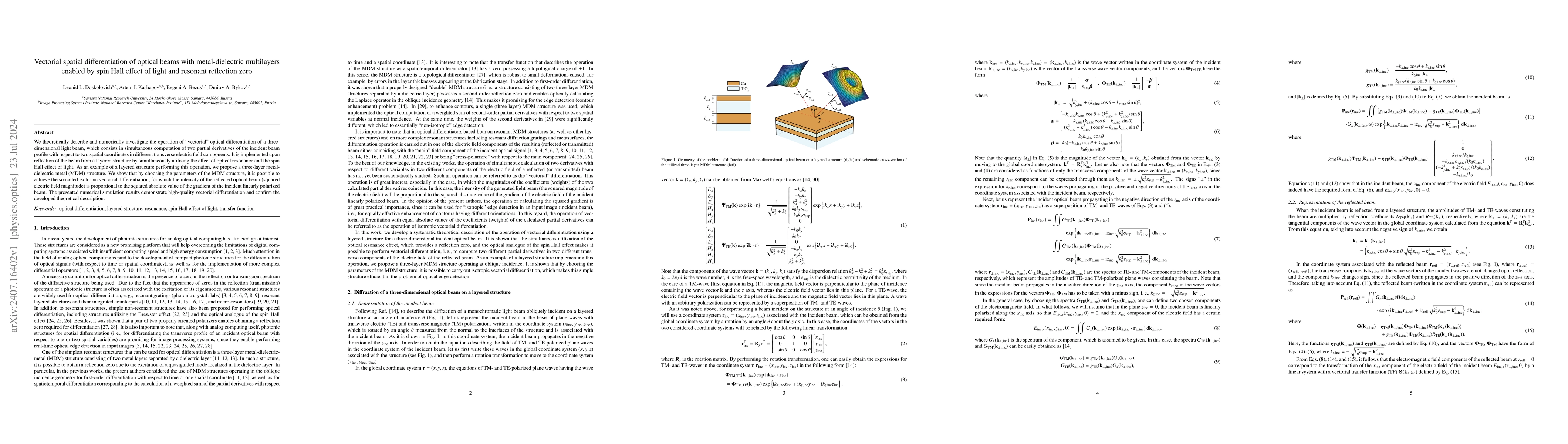 Thumbnail for Vectorial spatial differentiation of optical beams with metal-dielectric
  multilayers enabled by spin Hall effect of light and resonant reflection zero