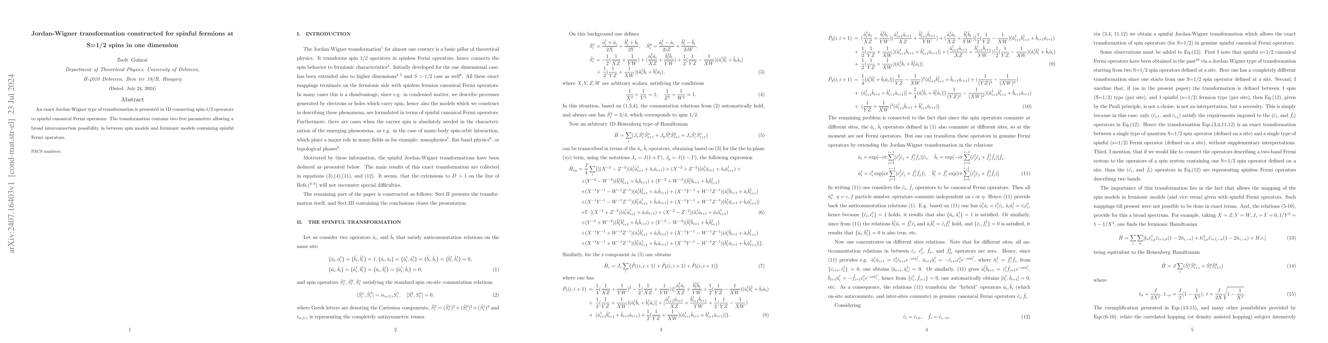 Thumbnail for Jordan-Wigner transformation constructed for spinful fermions at S=1/2
  spins in one dimension