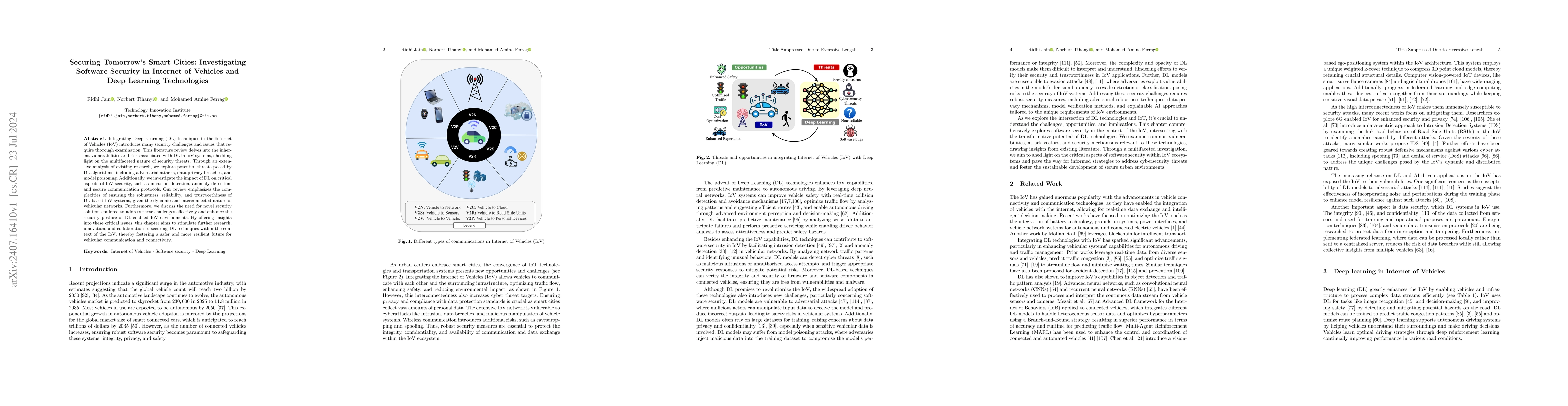 Thumbnail for Securing Tomorrow's Smart Cities: Investigating Software Security in
  Internet of Vehicles and Deep Learning Technologies