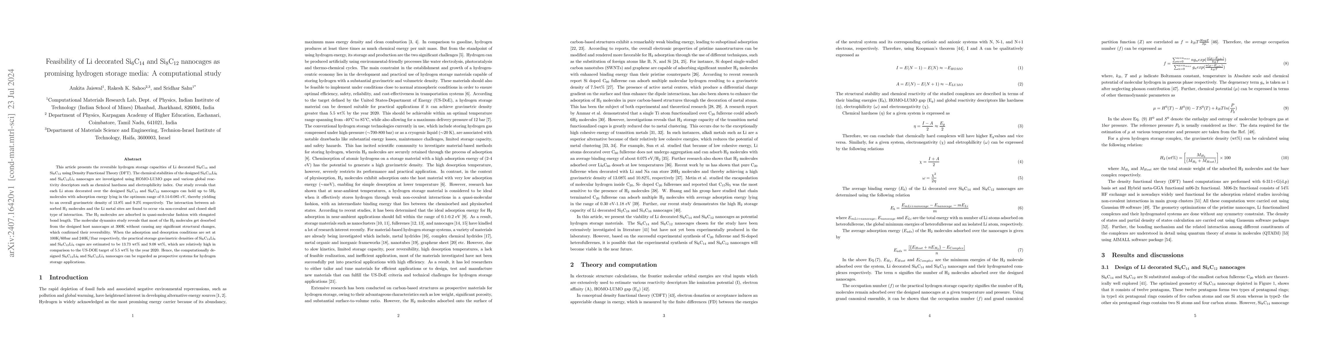 Thumbnail for Feasibility of Li decorated Si6C14 and Si8C12 nanocages as promising
  hydrogen storage media: A computational study