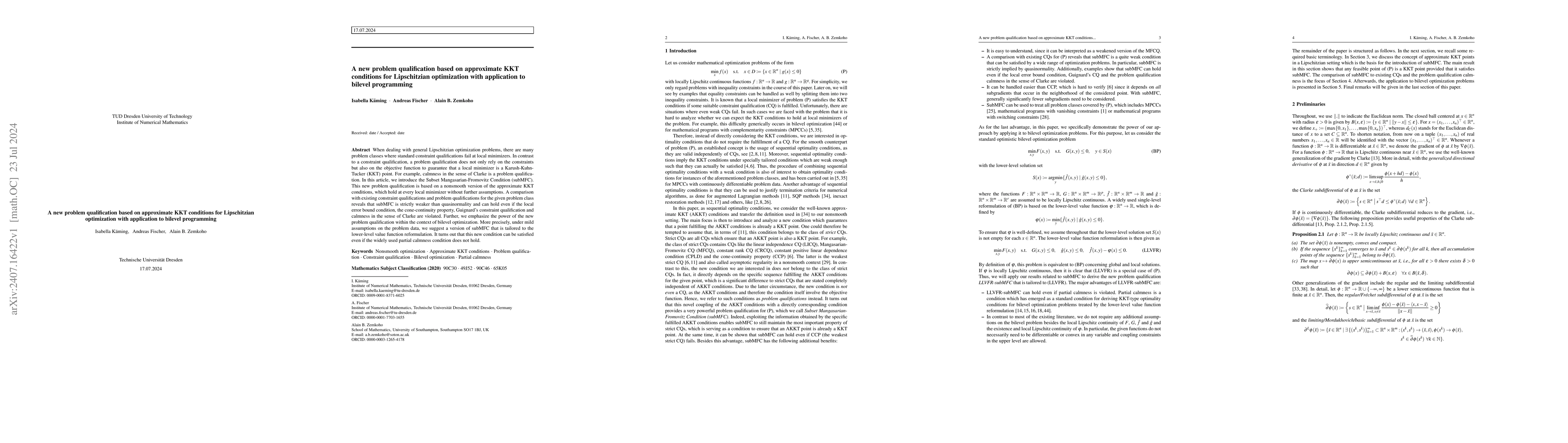Thumbnail for A new problem qualification based on approximate KKT conditions for
  Lipschitzian optimization with application to bilevel programming
