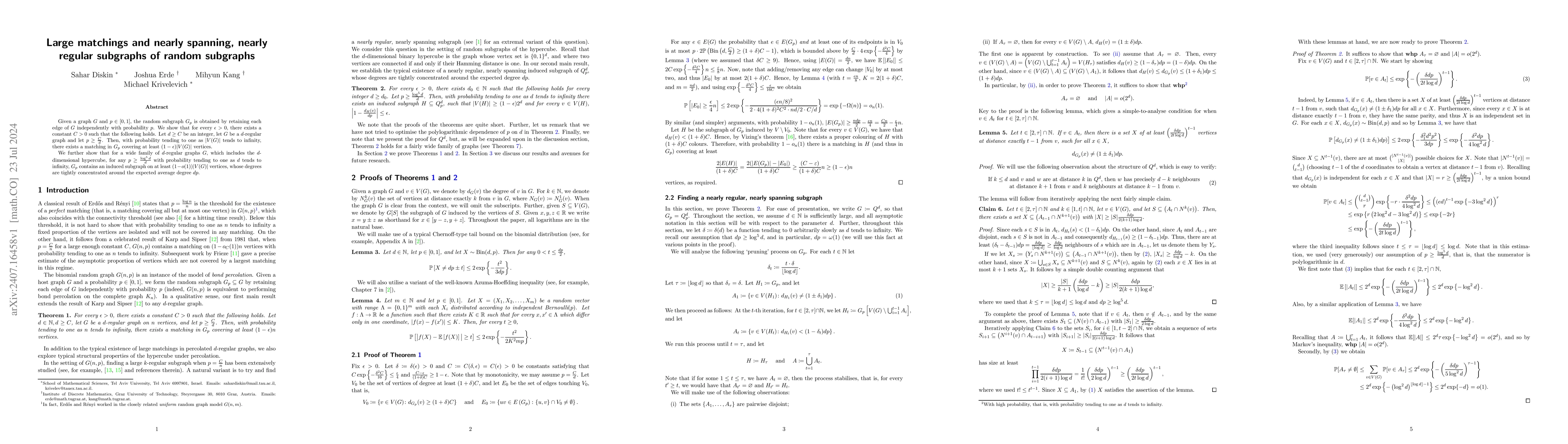 Thumbnail for Large matchings and nearly spanning, nearly regular subgraphs of random
  subgraphs
