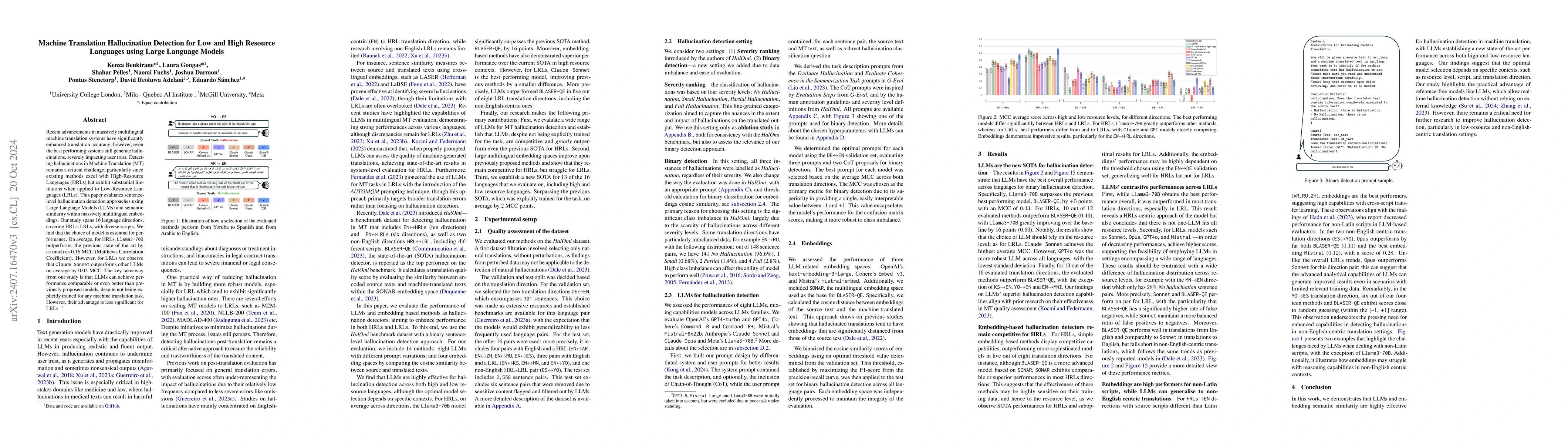 Thumbnail for Machine Translation Hallucination Detection for Low and High Resource
  Languages using Large Language Models