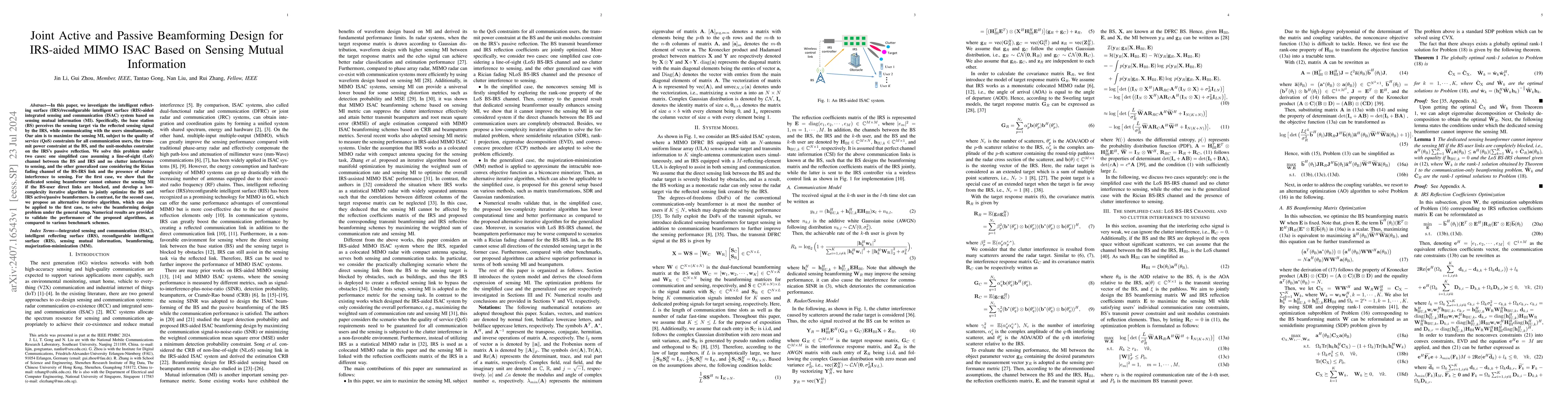 Thumbnail for Joint Active and Passive Beamforming Design for IRS-aided MIMO ISAC
  Based on Sensing Mutual Information