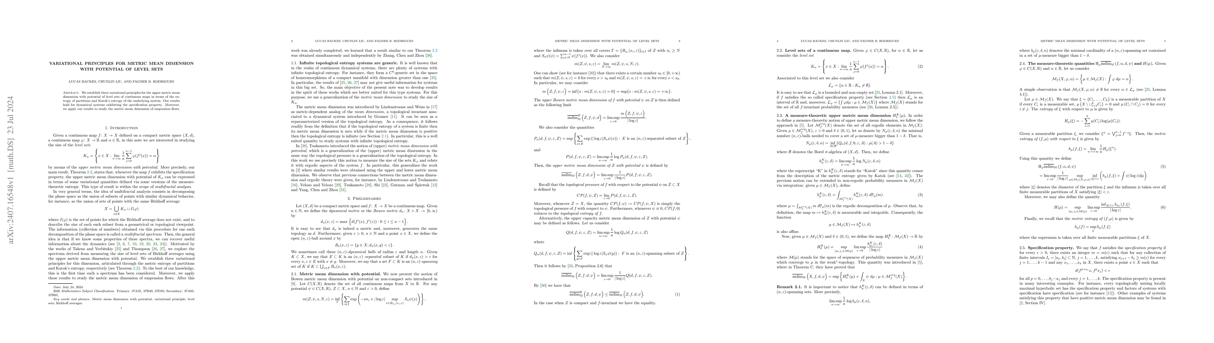 Thumbnail for Variational principles for metric mean dimension with potential of level
  sets