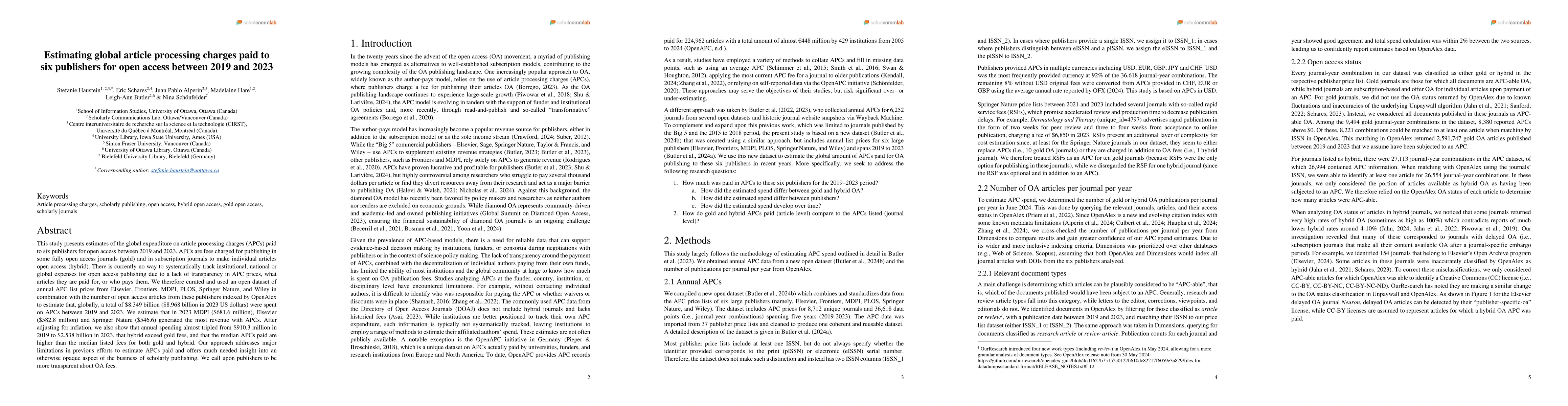 Thumbnail for Estimating global article processing charges paid to six publishers for
  open access between 2019 and 2023