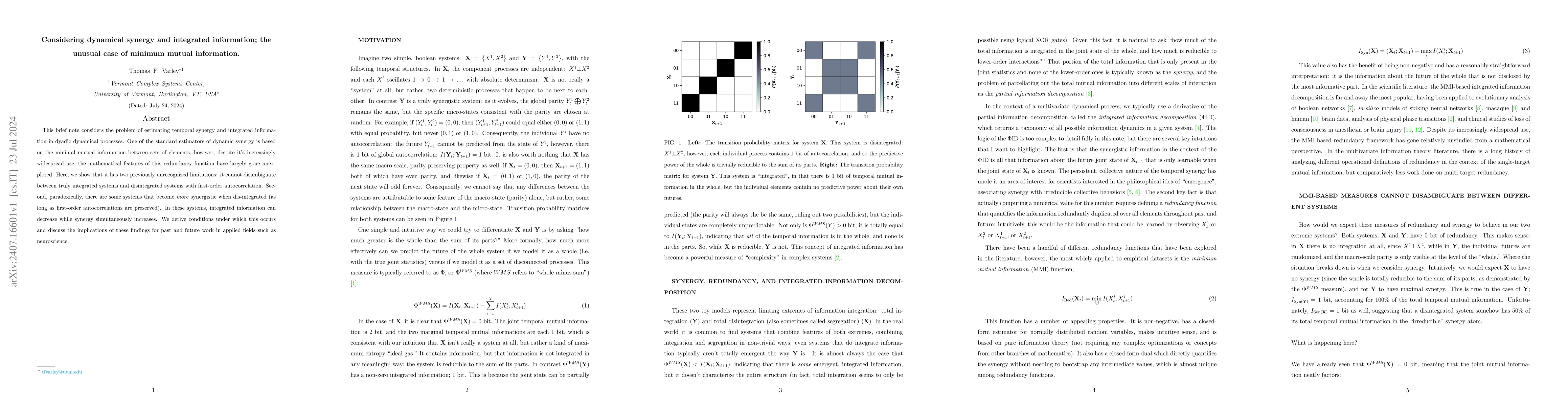 Thumbnail for Considering dynamical synergy and integrated information; the unusual
  case of minimum mutual information