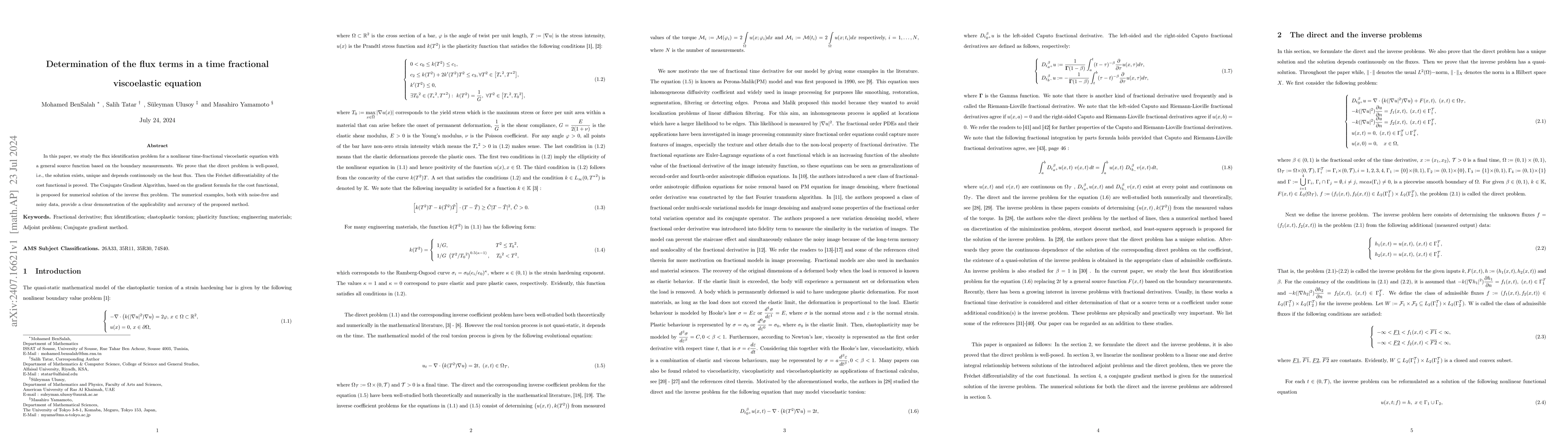 Thumbnail for Determination of the flux terms in a time fractional viscoelastic
  equation