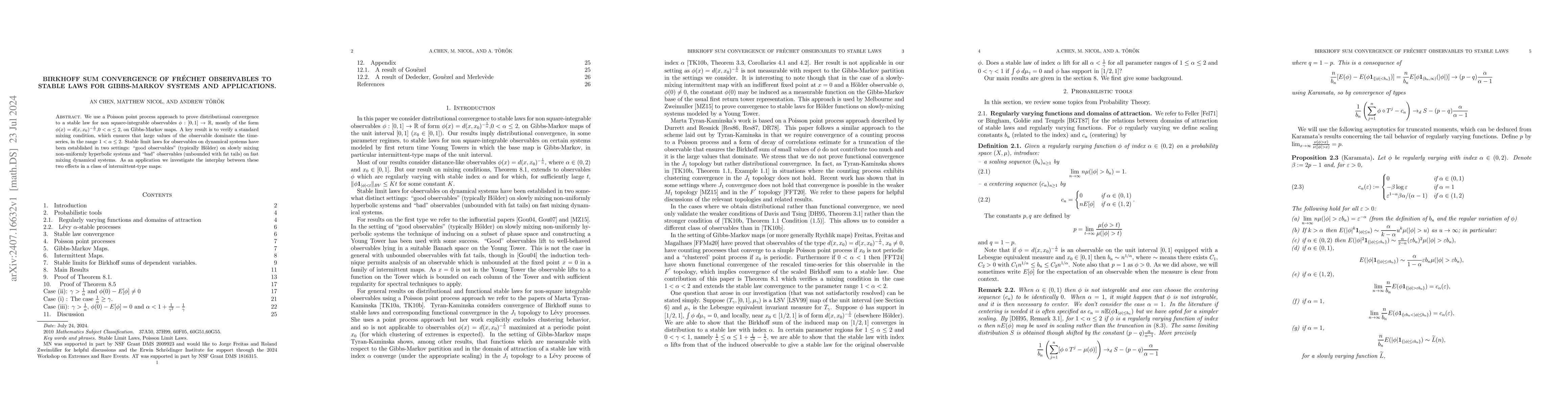 Thumbnail for Birkhoff sum convergence of Fréchet observables to stable laws for
  Gibbs-Markov systems and applications