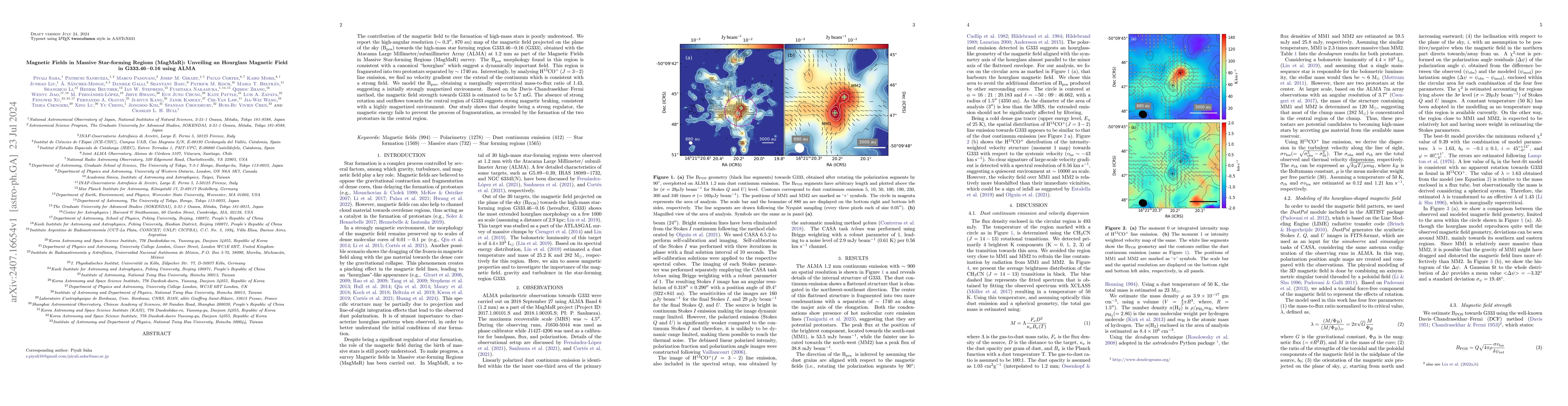 Thumbnail for Magnetic Fields in Massive Star-forming Regions (MagMaR): Unveiling an
  Hourglass Magnetic Field in G333.46-0.16 using ALMA