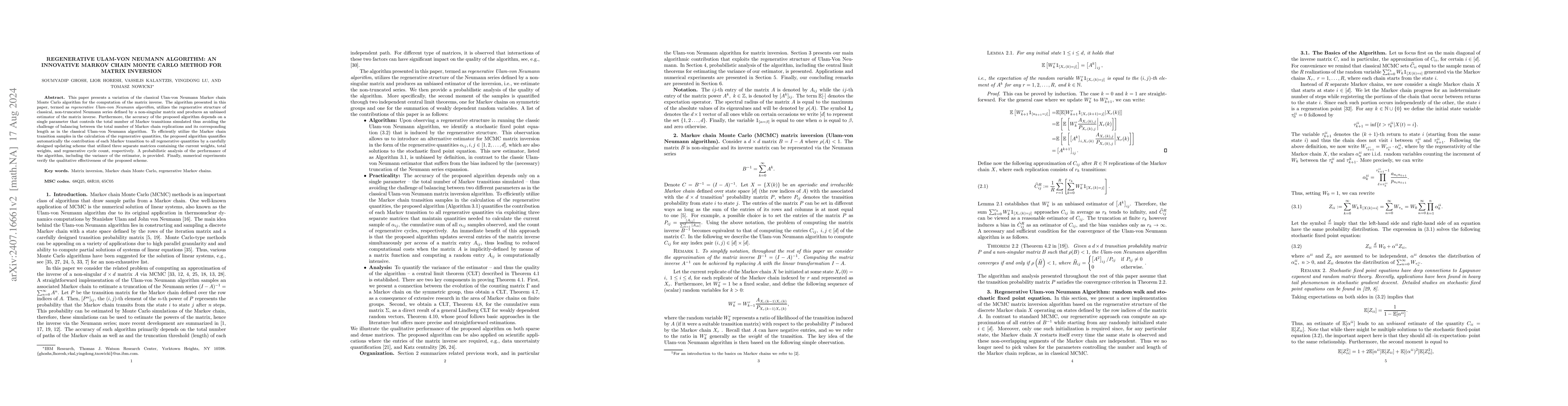 Thumbnail for Regenerative Ulam-von Neumann Algorithm: An Innovative Markov chain
  Monte Carlo Method for Matrix Inversion