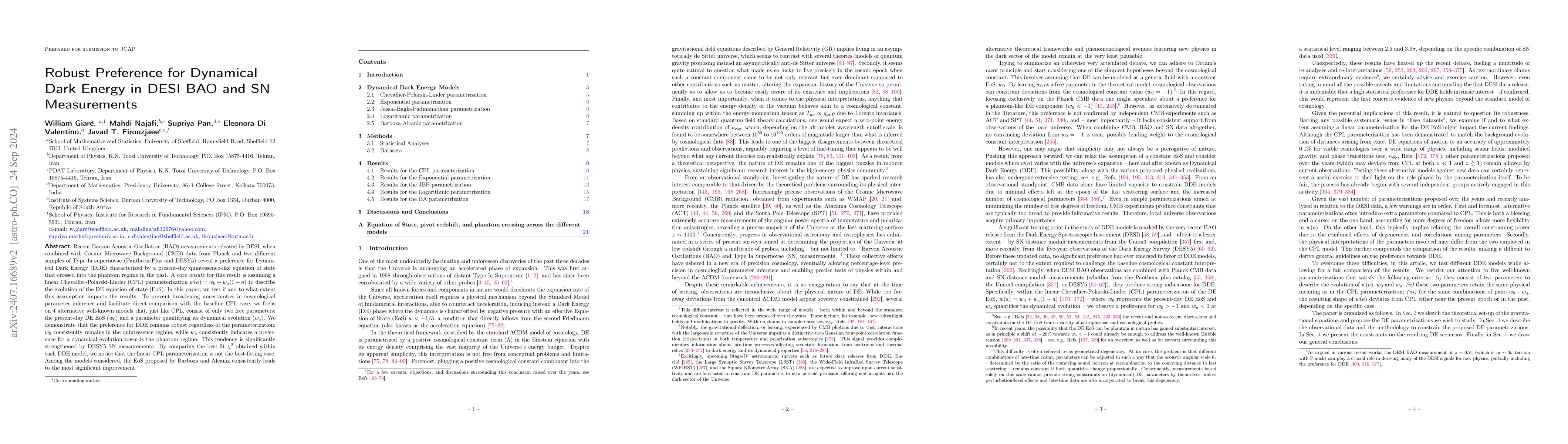 Thumbnail for Robust Preference for Dynamical Dark Energy in DESI BAO and SN
  Measurements