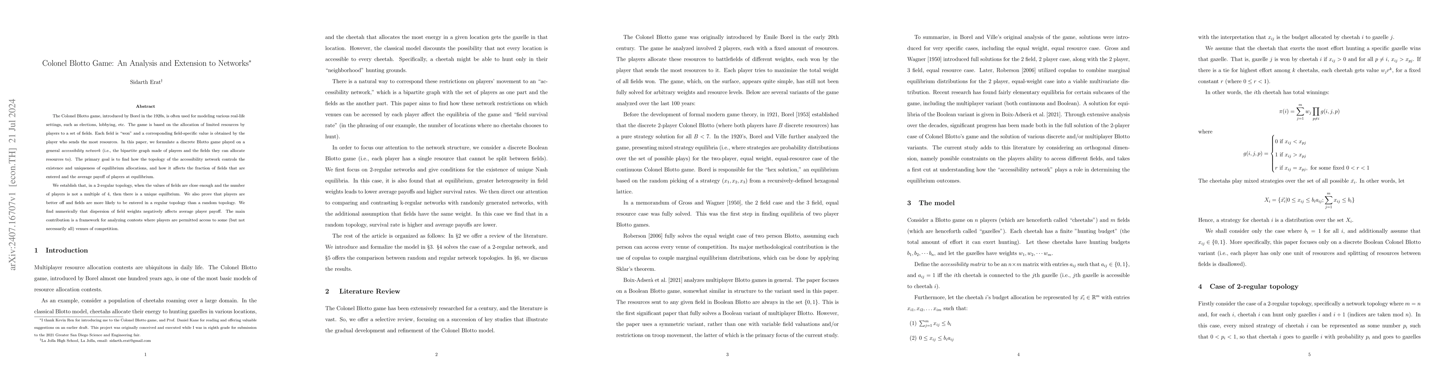 Thumbnail for Colonel Blotto Game: An Analysis and Extension to Networks