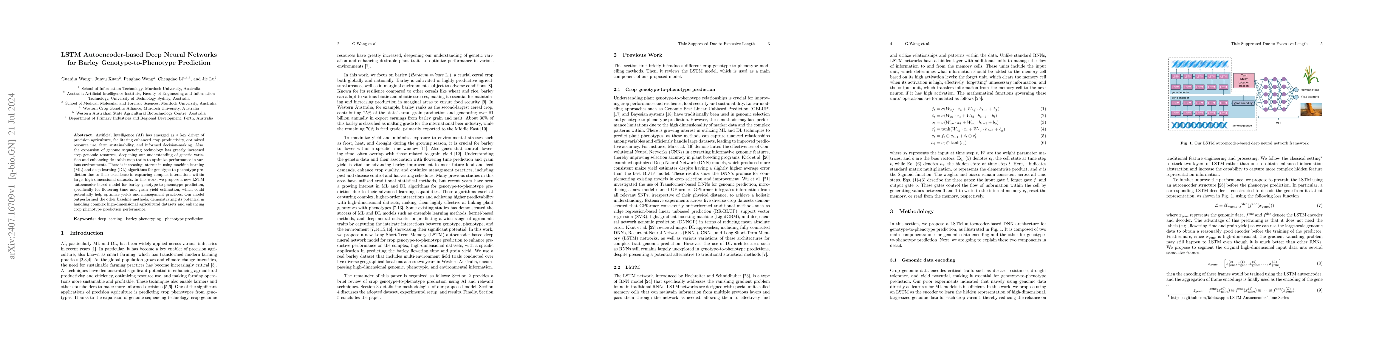 Thumbnail for LSTM Autoencoder-based Deep Neural Networks for Barley
  Genotype-to-Phenotype Prediction