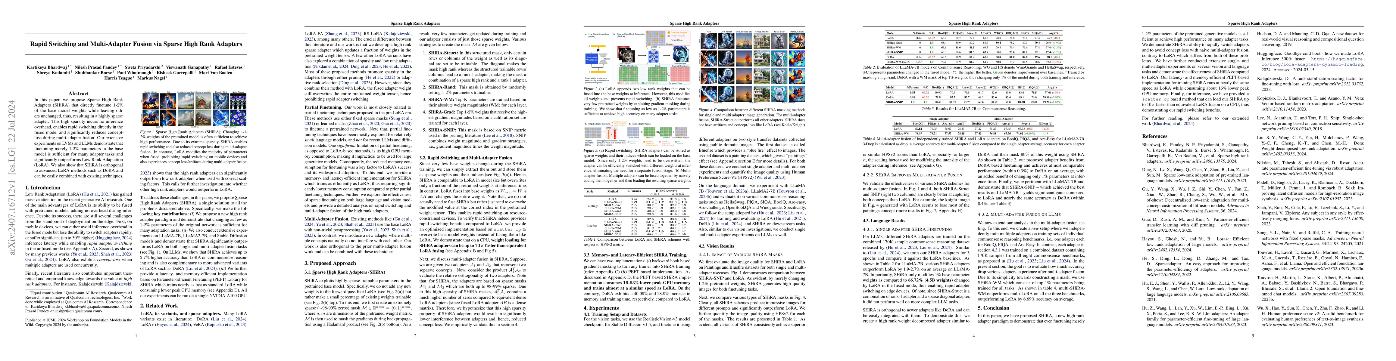 Thumbnail for Rapid Switching and Multi-Adapter Fusion via Sparse High Rank Adapters