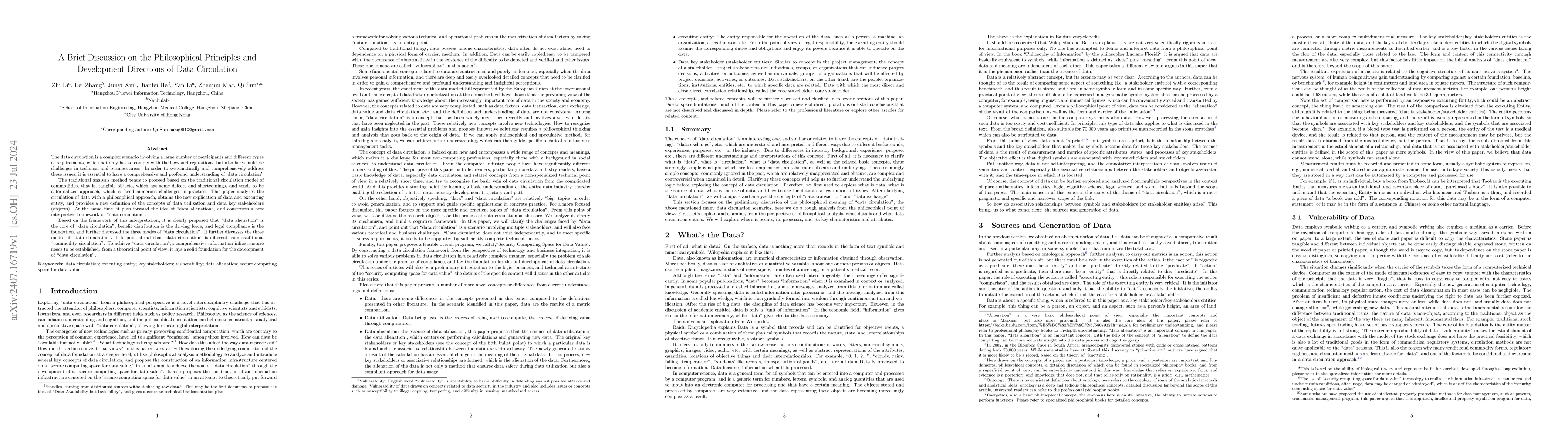 Thumbnail for A Brief Discussion on the Philosophical Principles and Development
  Directions of Data Circulation