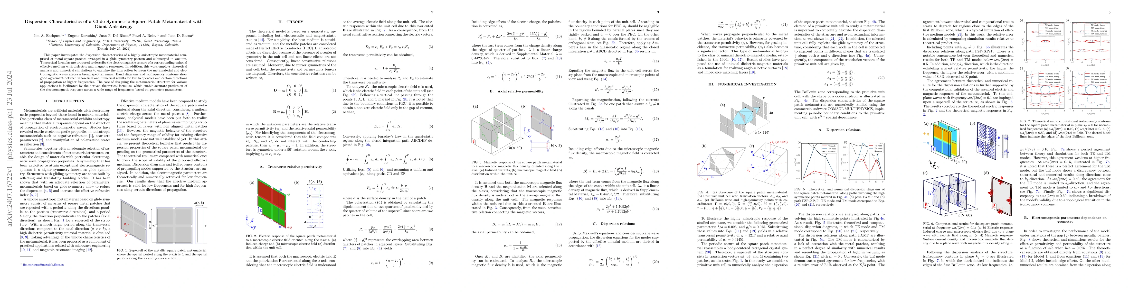 Thumbnail for Dispersion Characteristics of a Glide-Symmetric Square Patch
  Metamaterial with Giant Anisotropy