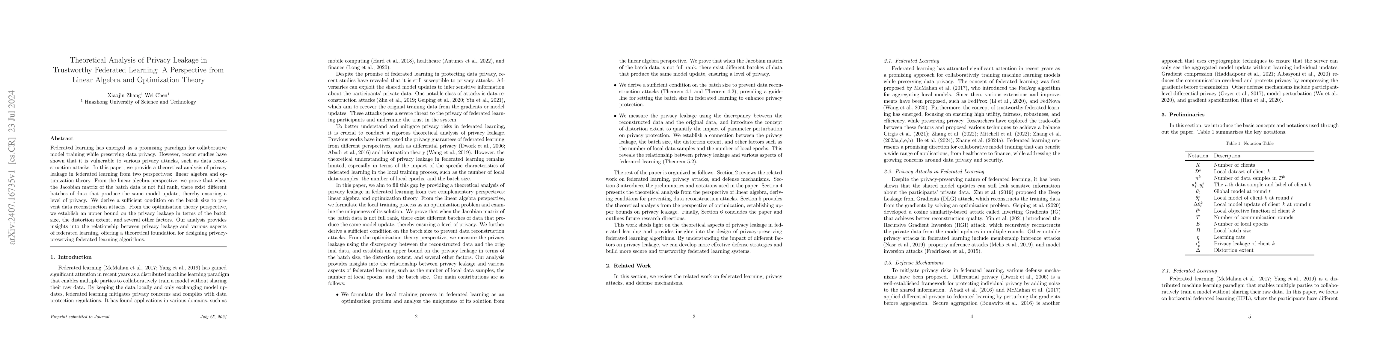 Thumbnail for Theoretical Analysis of Privacy Leakage in Trustworthy Federated
  Learning: A Perspective from Linear Algebra and Optimization Theory