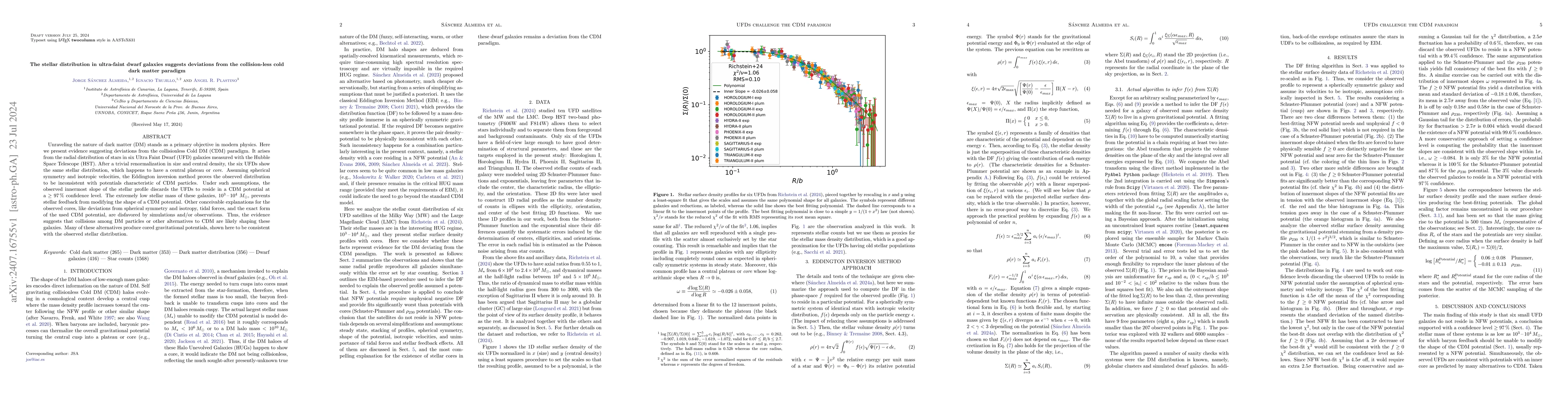Thumbnail for The stellar distribution in ultra-faint dwarf galaxies suggests
  deviations from the collision-less cold dark matter paradigm