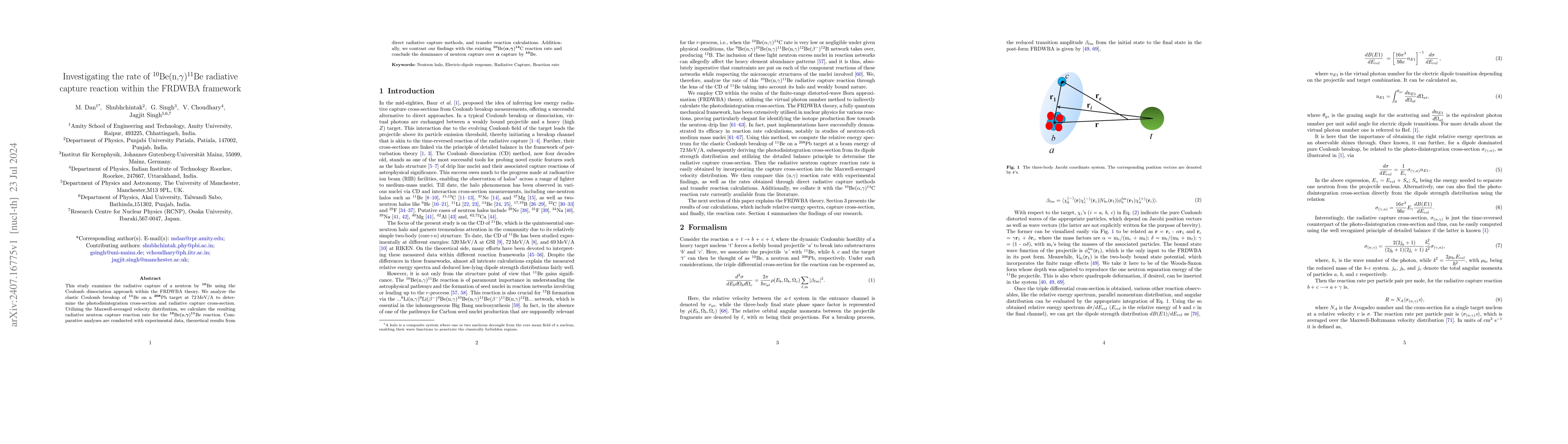 Thumbnail for Investigating the rate of $^{10}$Be(n,$γ$)$^{11}$Be radiative
  capture reaction within the FRDWBA framework