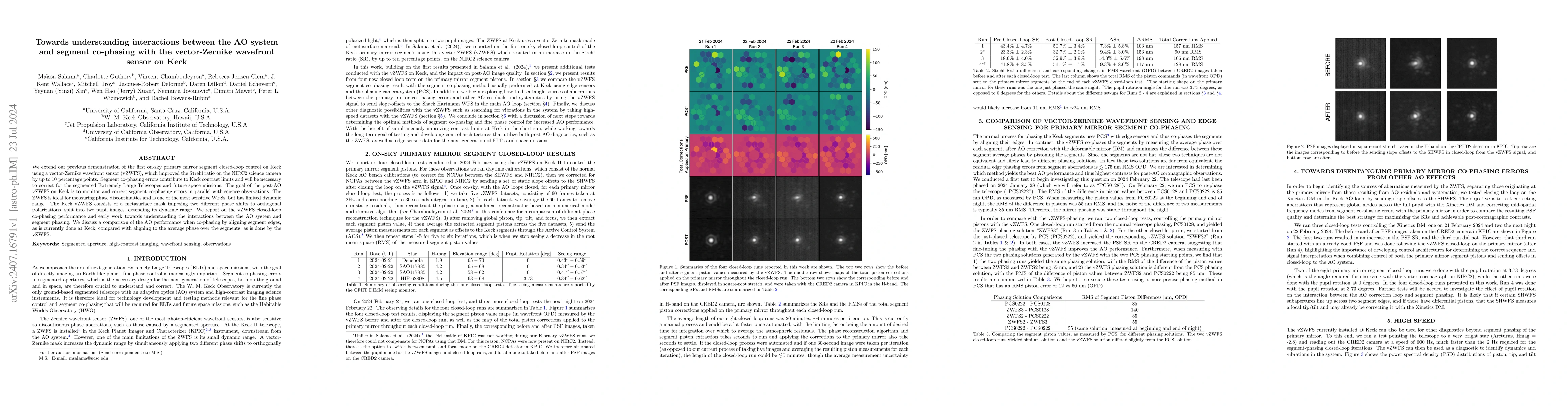 Thumbnail for Towards understanding interactions between the AO system and segment
  co-phasing with the vector-Zernike wavefront sensor on Keck