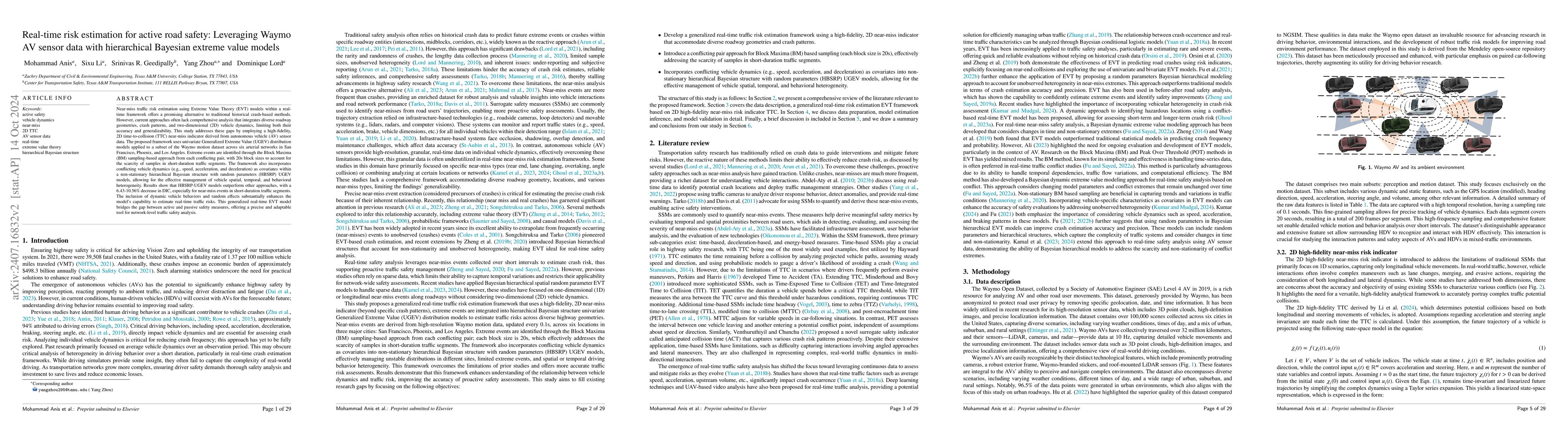 Thumbnail for Real-time risk estimation for active road safety: Leveraging Waymo AV
  sensor data with hierarchical Bayesian extreme value models