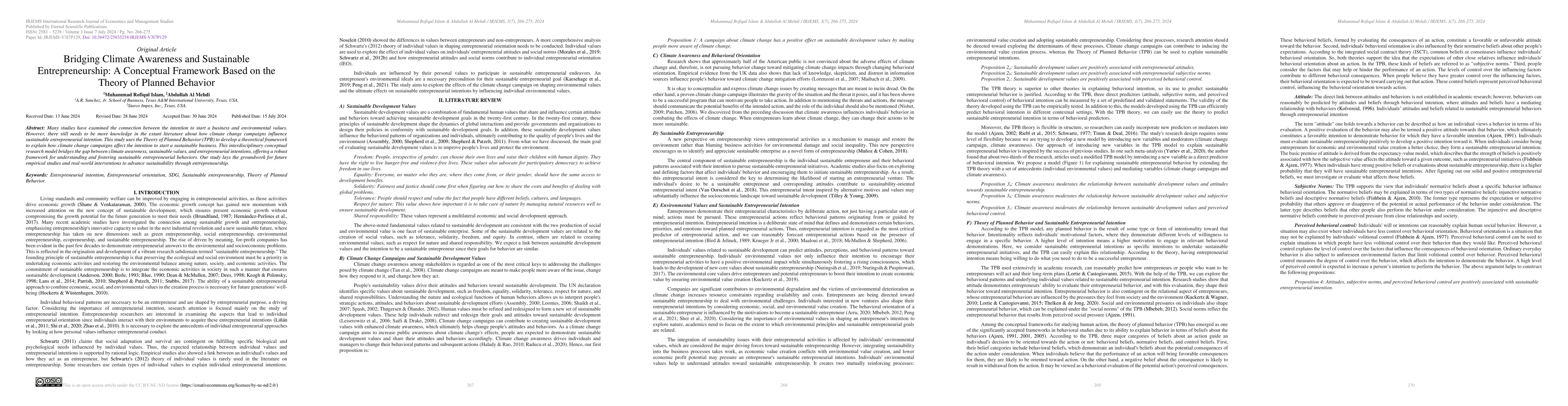 Thumbnail for Bridging Climate Awareness and Sustainable Entrepreneurship: A
  Conceptual Framework Based on the Theory of Planned Behavior