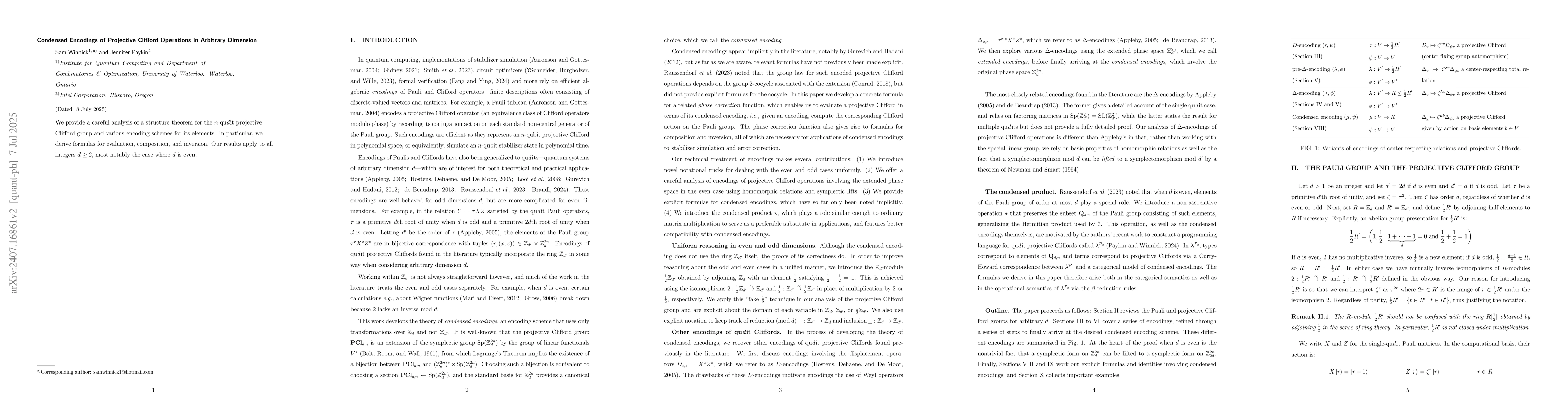 Thumbnail for Condensed Encodings of Projective Clifford Operations in Arbitrary
  Dimension