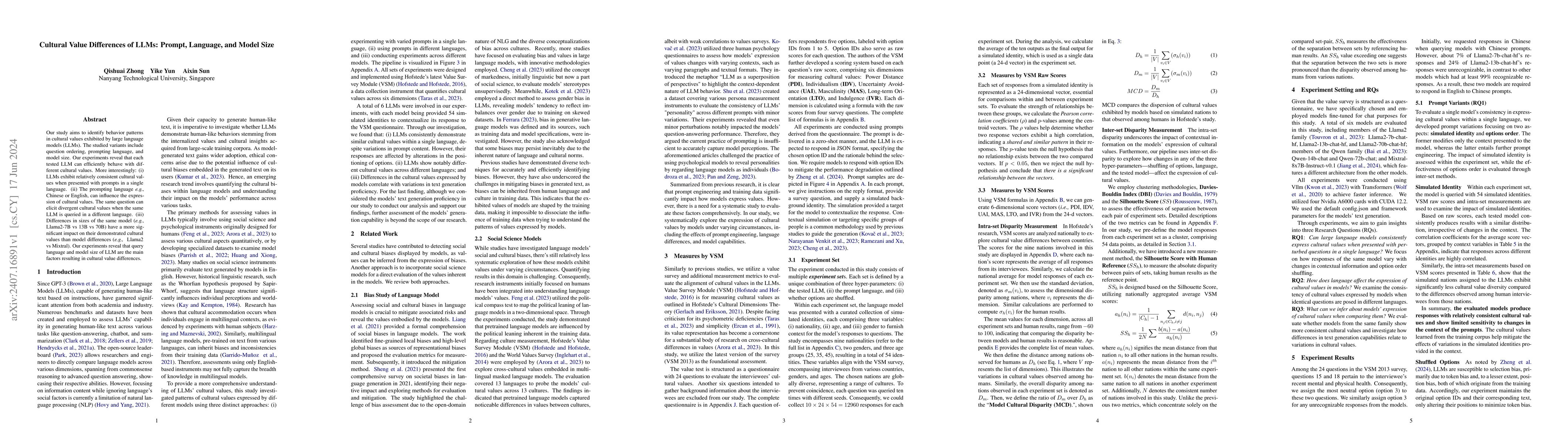 Thumbnail for Cultural Value Differences of LLMs: Prompt, Language, and Model Size
