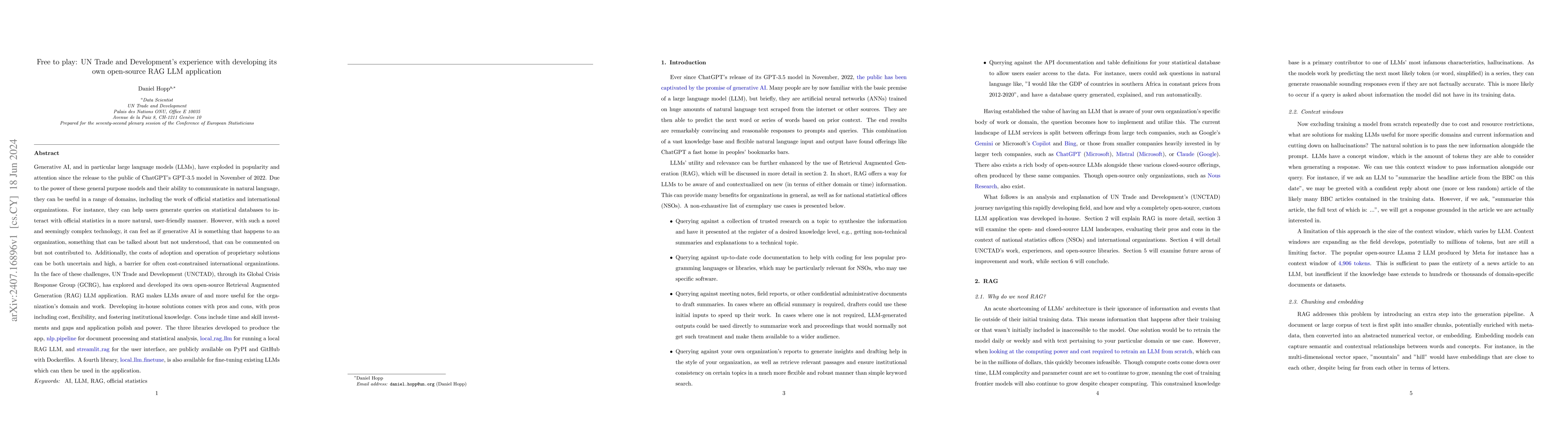 Thumbnail for Free to play: UN Trade and Development's experience with developing its
  own open-source Retrieval Augmented Generation Large Language Model
  application
